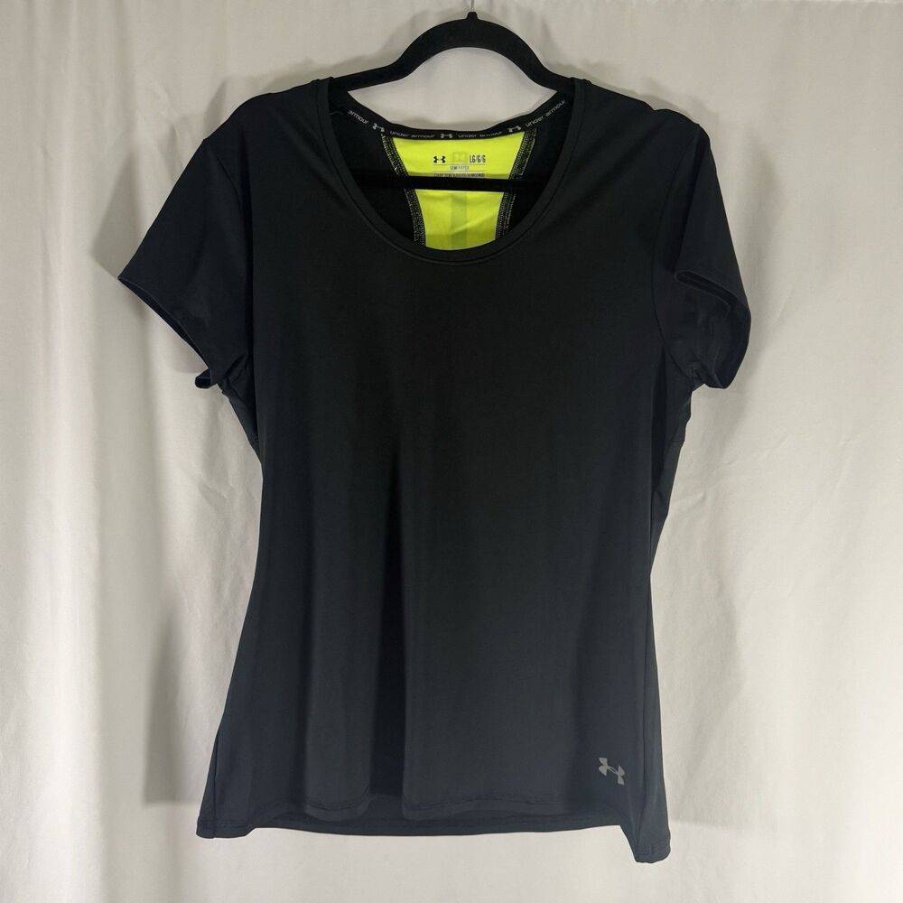 Under Armour Semi Fitted Run Shirt Women's Large Black Short Sleeve Heat Gear